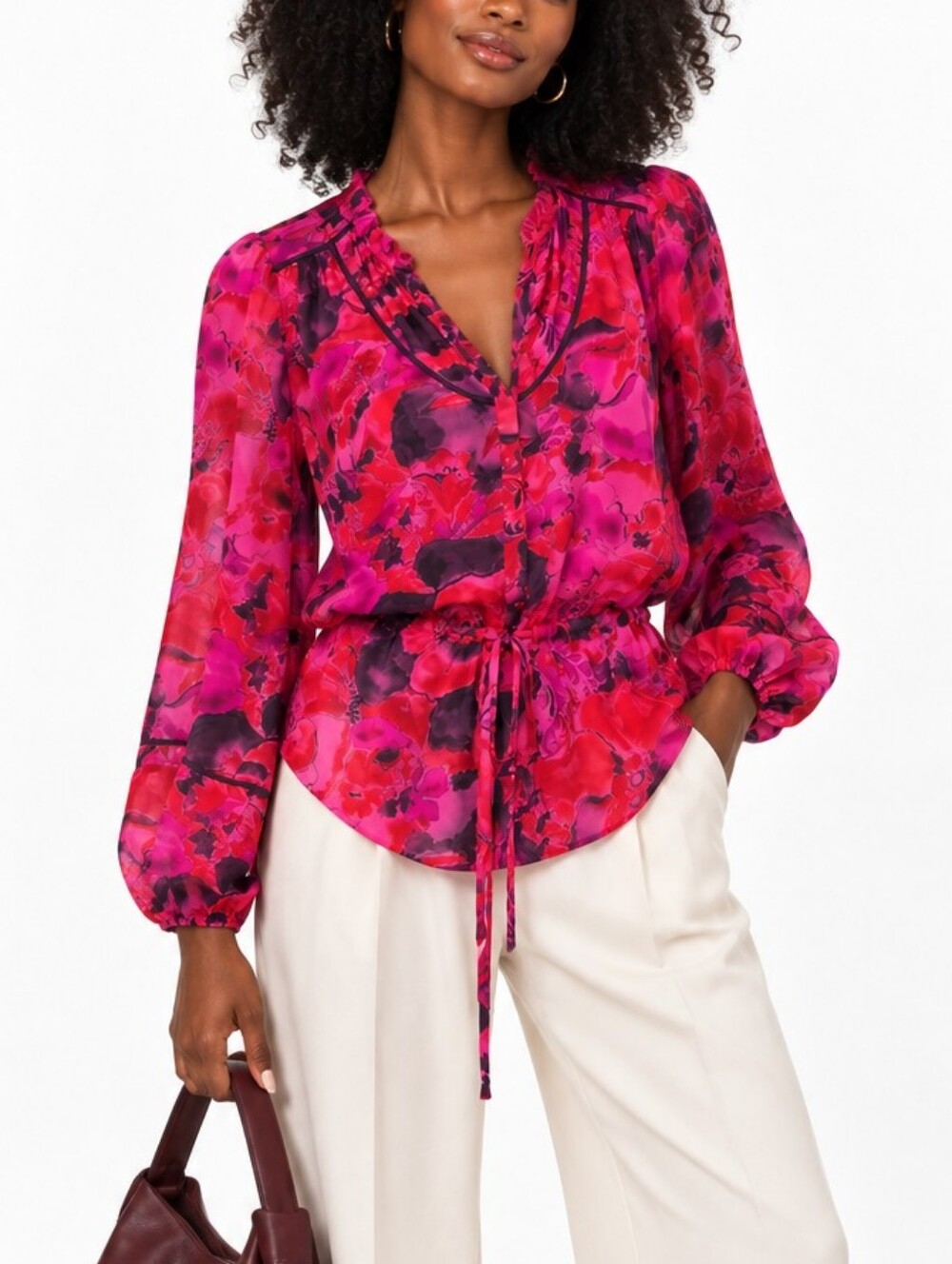 Rebecca Taylor 100% Silk Pleasant Peplum Floral Watercolor Blouse in Hot Pink